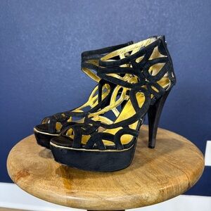 Nine West Black Cutout Cage Platform Heels Sandals | Size 6.5